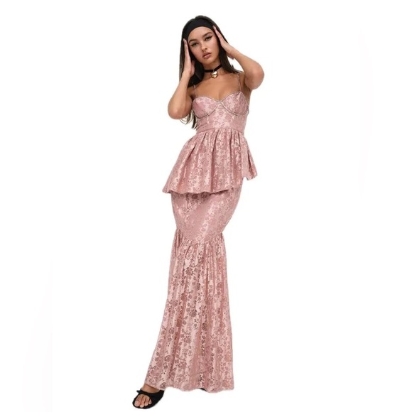 For Love And Lemons Dresses & Skirts - For Love & Lemons Metallic Dusty Rose Lace “Shai Maxi Dress” Rhinestone Details